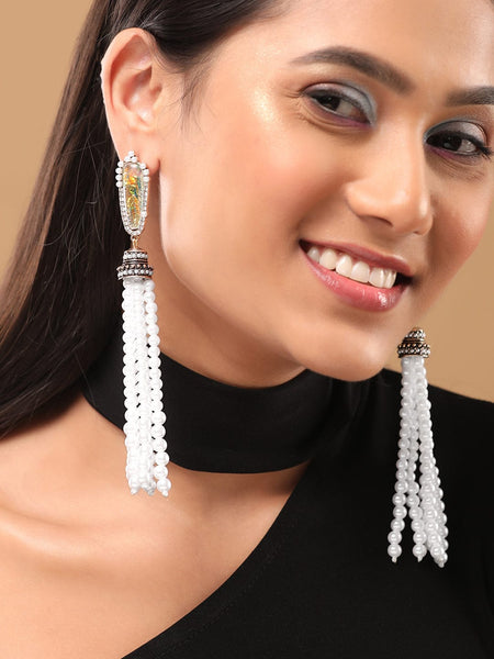 Rubans 18K Gold Toned Opal Studded White Pearl Beaded Fringe Dangle Earring Earrings
