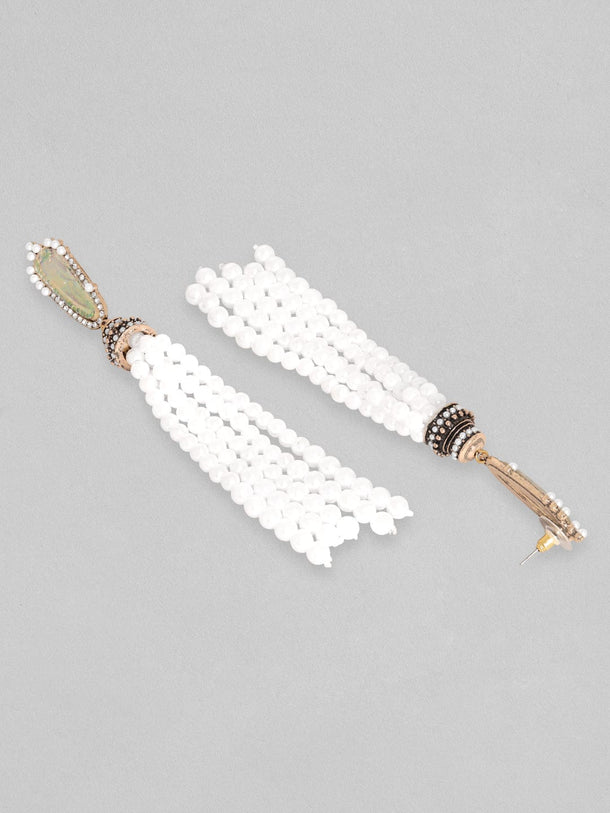 Rubans 18K Gold Toned Opal Studded White Pearl Beaded Fringe Dangle Earring Earrings