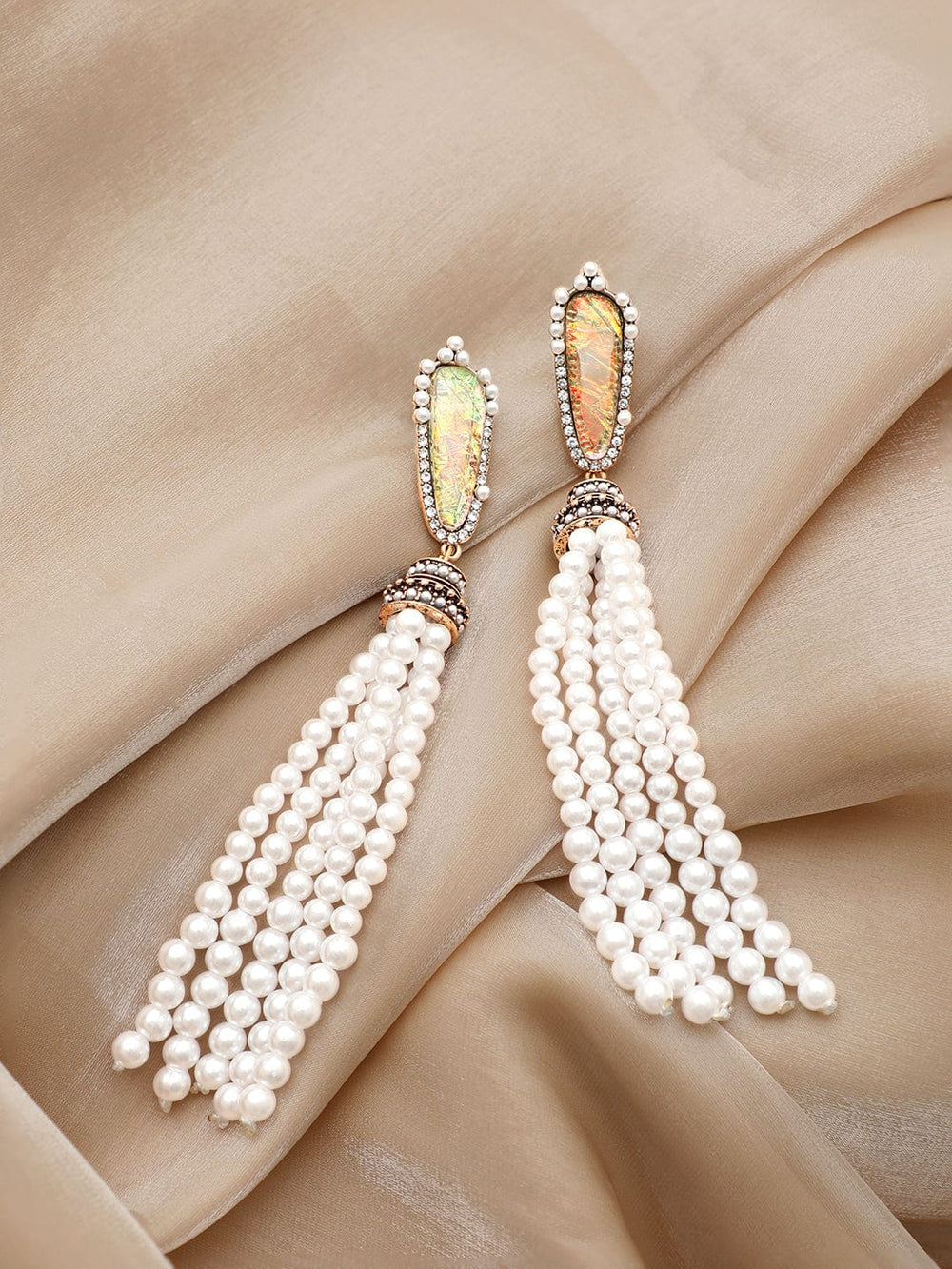 Rubans 18K Gold Toned Opal Studded White Pearl Beaded Fringe Dangle Earring Earrings