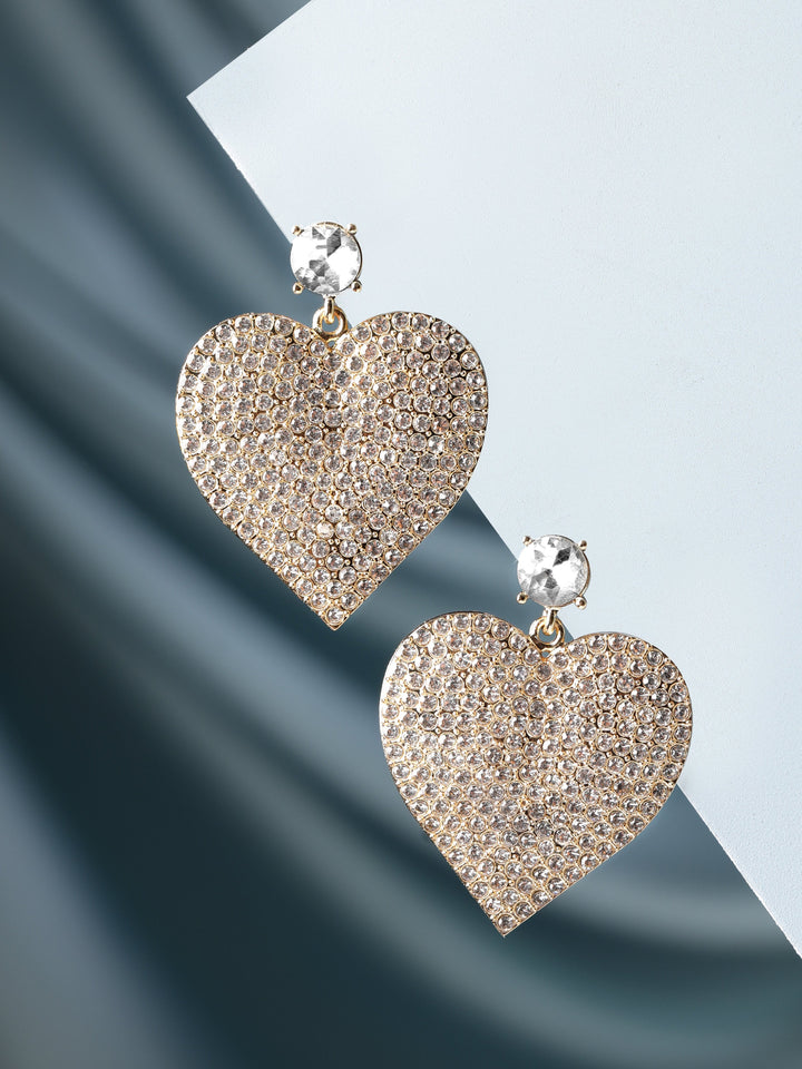 Rubans 18K Gold Toned Pave White Zircon Studded Heart Dangle Earring Earrings