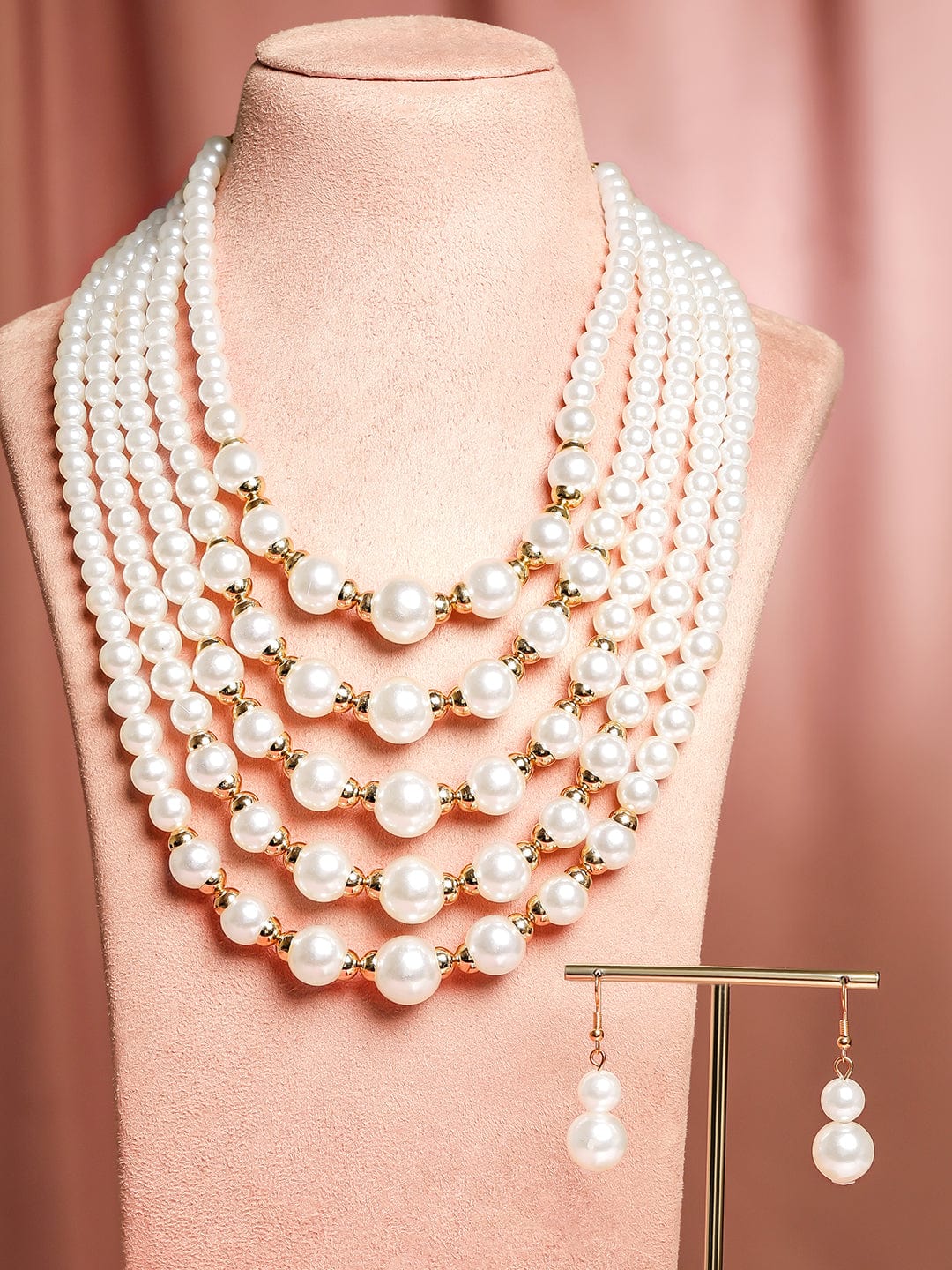 Rubans 18K Gold-Toned Plated Handcrafted Glossy White Pearl Multi-Layer Necklace Set Jewellery Set