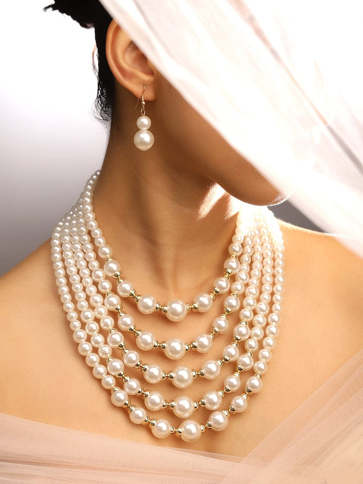 Rubans 18K Gold-Toned Plated Handcrafted Glossy White Pearl Multi-Layer Necklace Set Jewellery Set