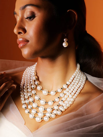Rubans 18K Gold-Toned Plated Handcrafted Glossy White Pearl Multi-Layer Necklace Set Jewellery Set