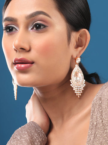 Rubans 18K Gold Toned Teardrop Zircon Studded Drop Earring Earrings