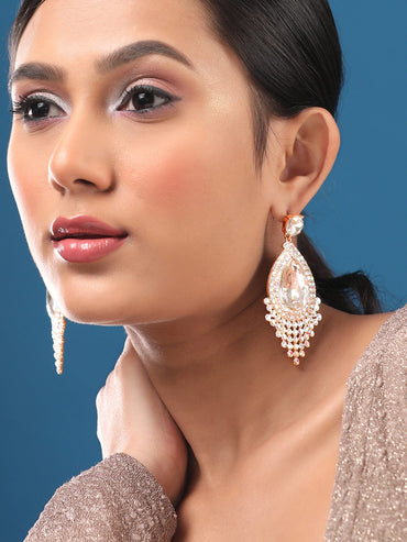 Rubans 18K Gold Toned Teardrop Zircon Studded Drop Earring Earrings