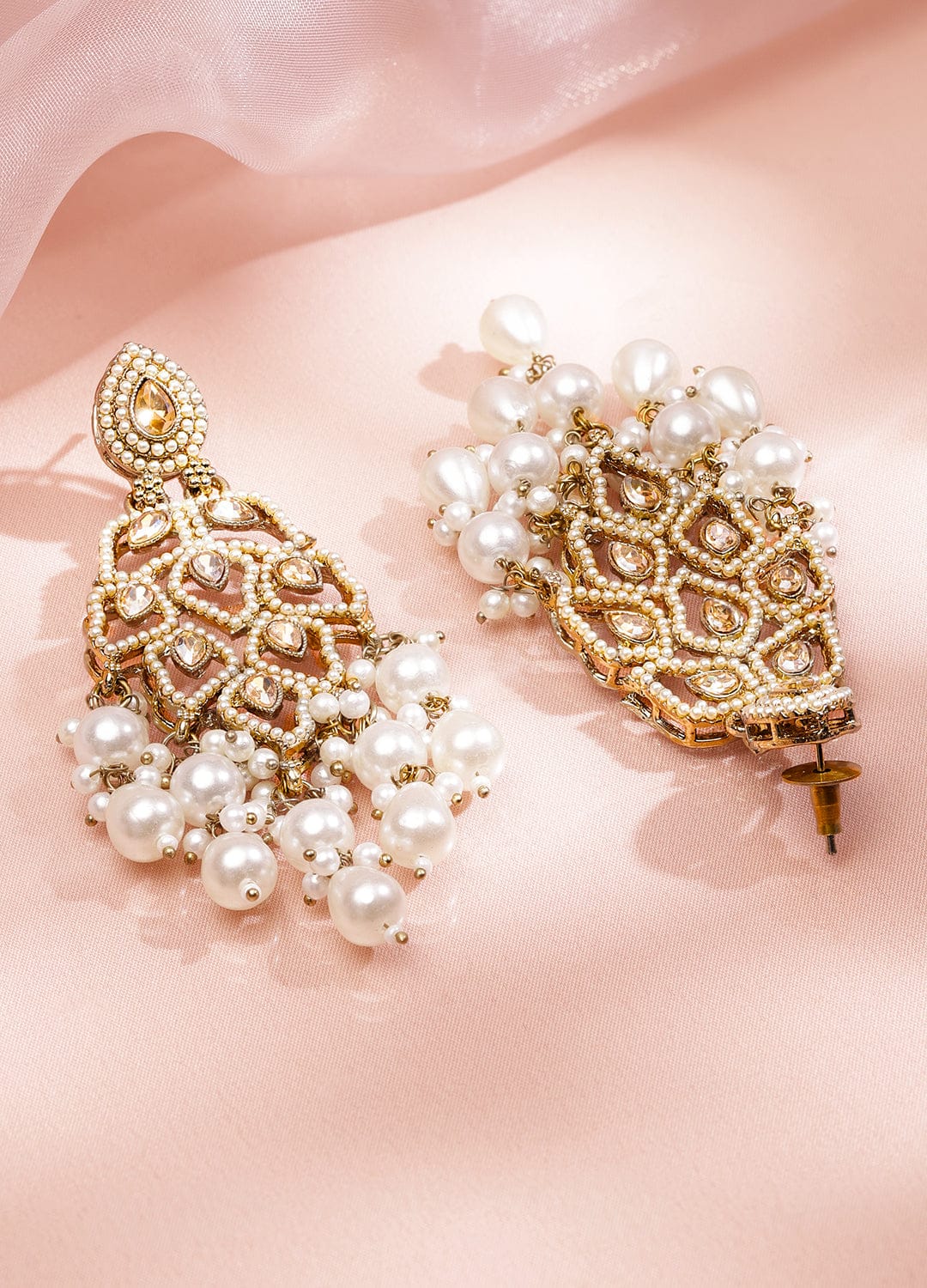 Rubans 18K Goldâ€‘Plated Ivoryâ€‘White Kundan & Pearl Studded Handcrafted Long Chandelier Earrings Earrings