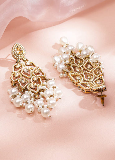 Rubans 18K Goldâ€‘Plated Ivoryâ€‘White Kundan & Pearl Studded Handcrafted Long Chandelier Earrings Earrings