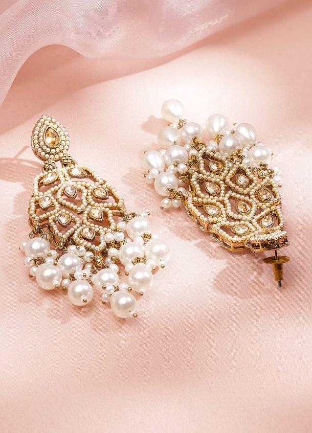 Rubans 18K Goldâ€‘Plated Ivoryâ€‘White Kundan & Pearl Studded Handcrafted Long Chandelier Earrings Earrings