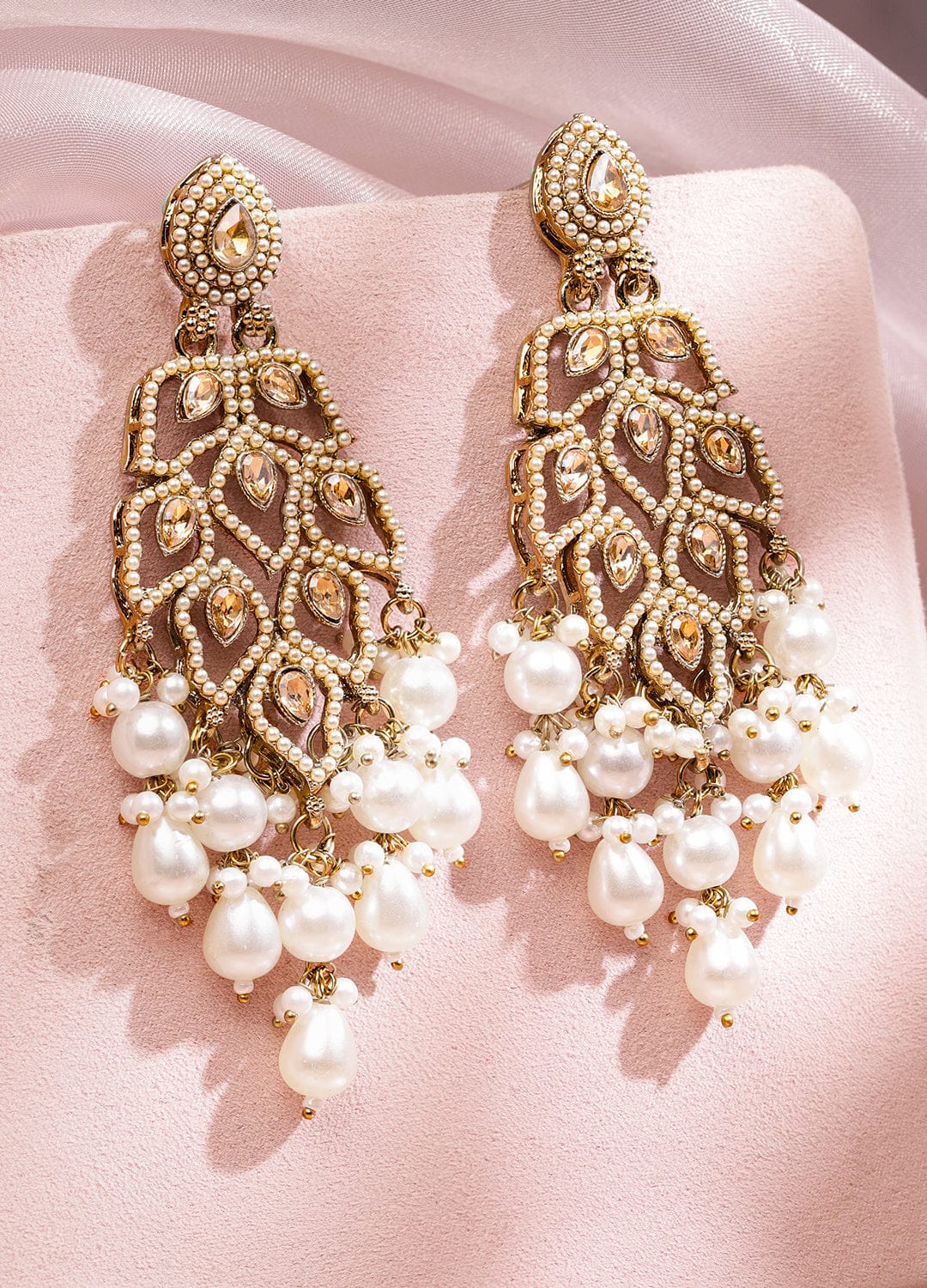 Rubans 18K Goldâ€‘Plated Ivoryâ€‘White Kundan & Pearl Studded Handcrafted Long Chandelier Earrings Earrings