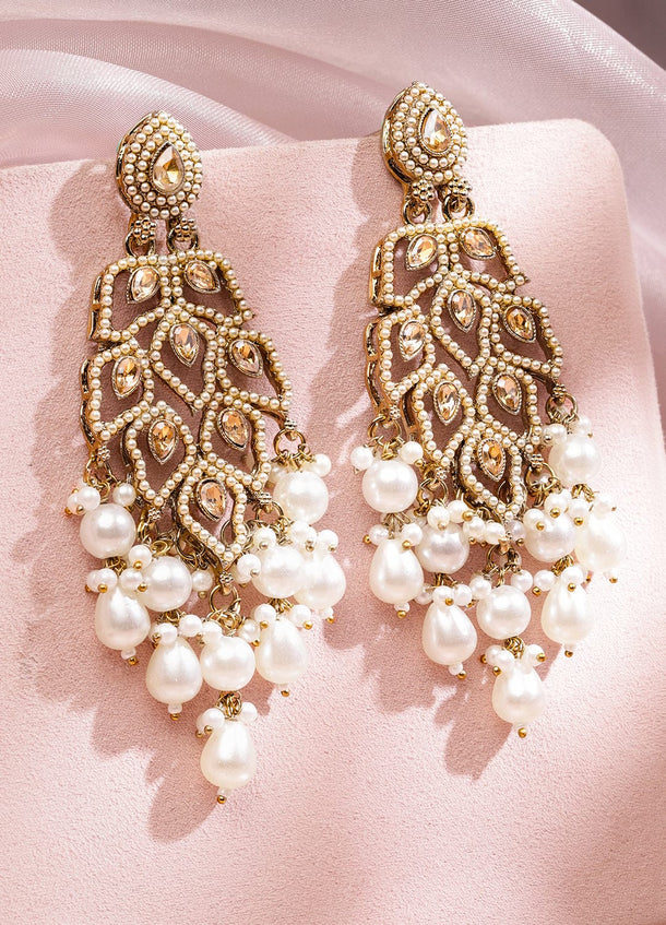 Rubans 18K Goldâ€‘Plated Ivoryâ€‘White Kundan & Pearl Studded Handcrafted Long Chandelier Earrings Earrings