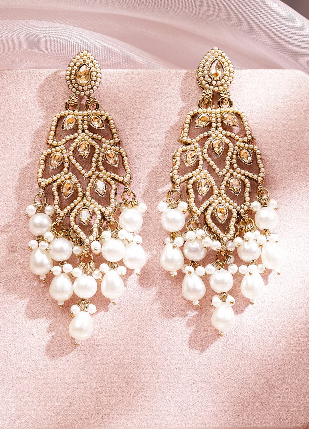 Rubans 18K Goldâ€‘Plated Ivoryâ€‘White Kundan & Pearl Studded Handcrafted Long Chandelier Earrings Earrings