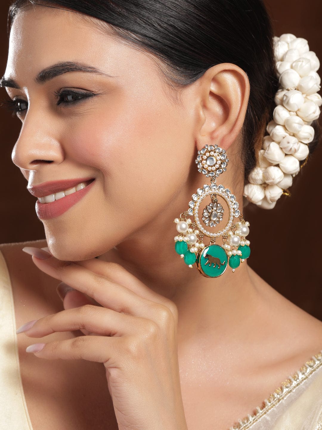 Rubans 18K Mehandi Gold-Plated Kundan & Green Bead Traditional Chandbali with Pearl Accent Earrings