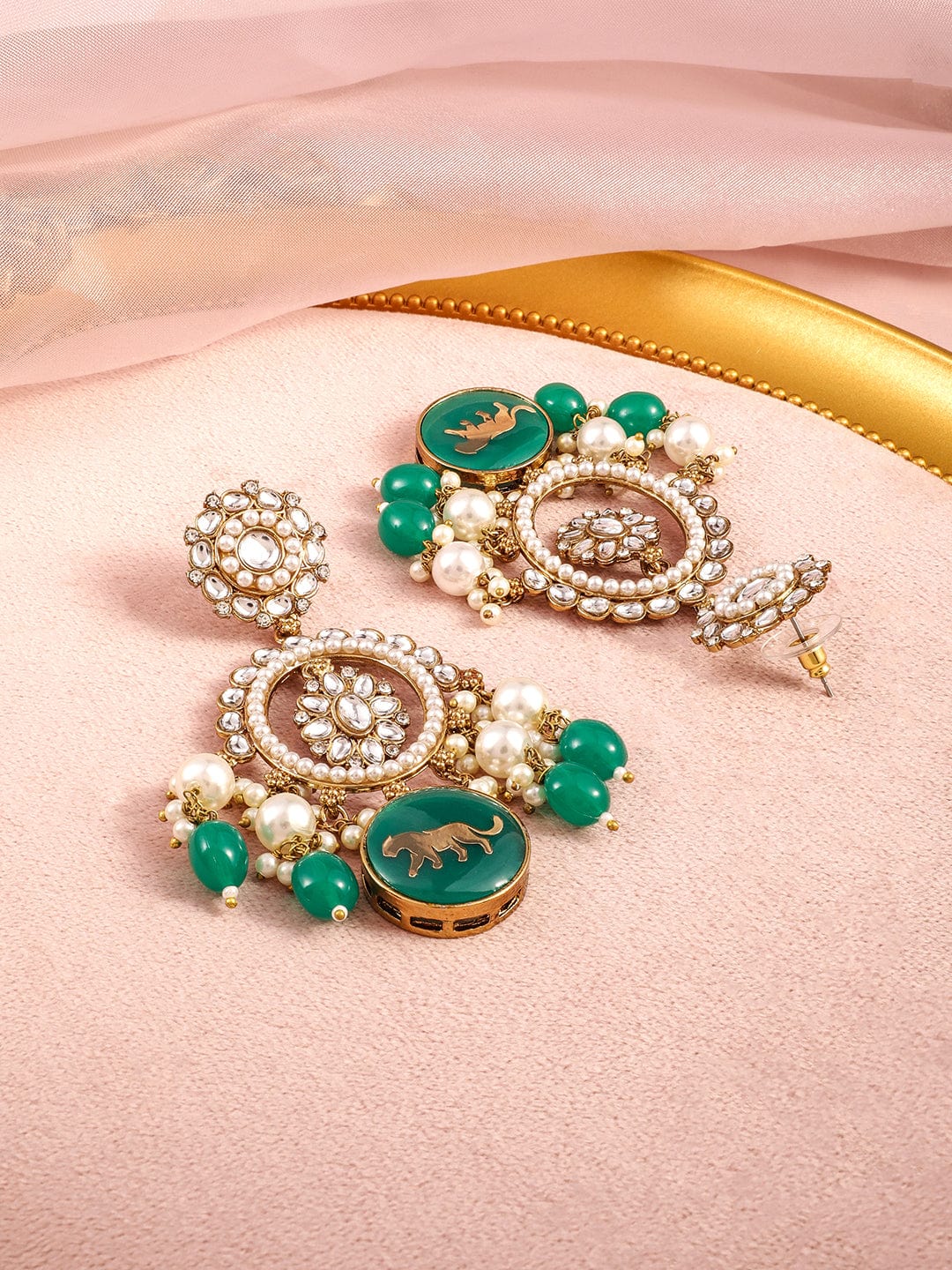 Rubans 18K Mehandi Gold-Plated Kundan & Green Bead Traditional Chandbali with Pearl Accent Earrings