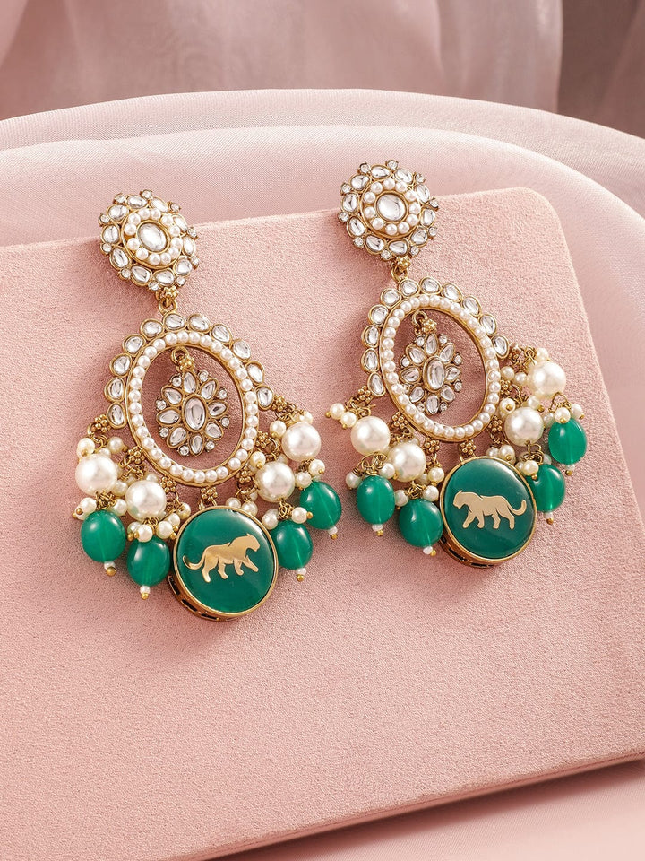 Rubans 18K Mehandi Gold-Plated Kundan & Green Bead Traditional Chandbali with Pearl Accent Earrings