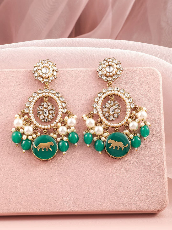 Rubans 18K Mehandi Gold-Plated Kundan & Green Bead Traditional Chandbali with Pearl Accent Earrings