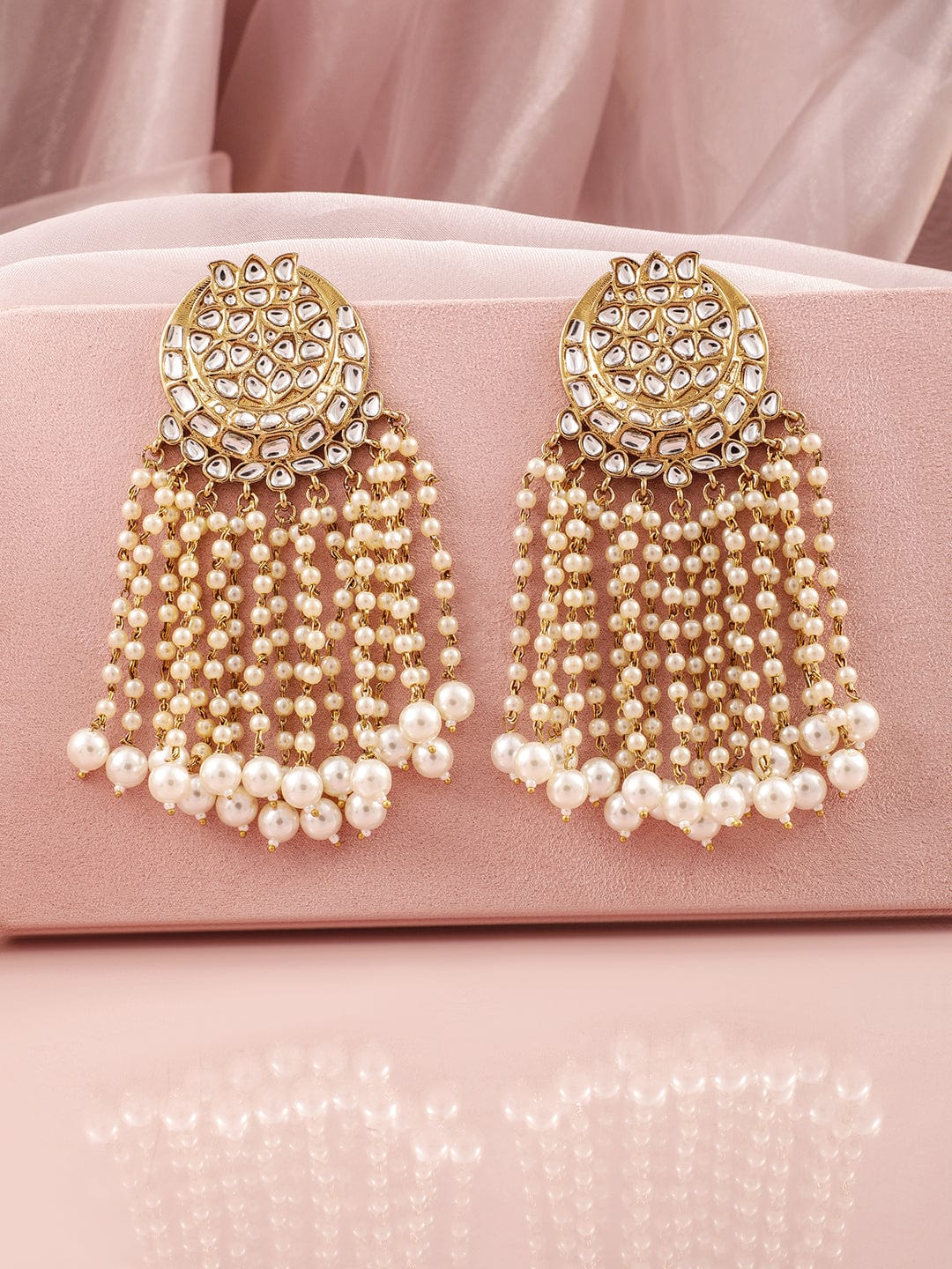 Rubans 18K Mehandi Gold-Plated Kundan Studded & Pearl Beaded Multilayer Chandlier Earrings Chandelier Earrings