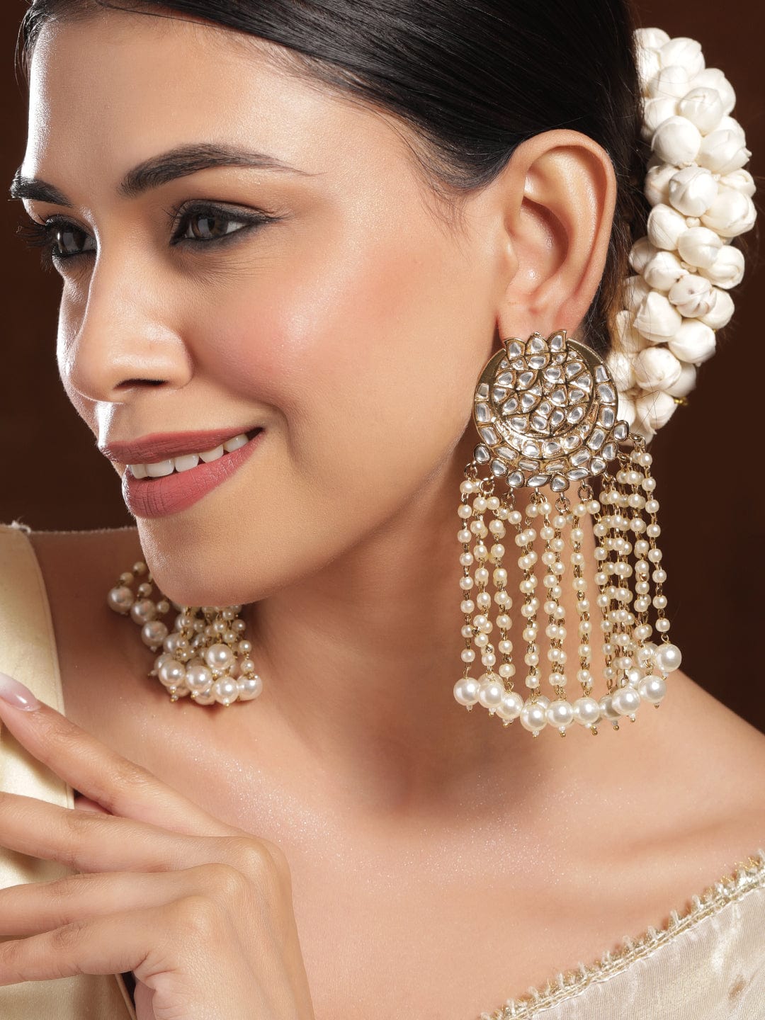 Rubans 18K Mehandi Gold-Plated Kundan Studded & Pearl Beaded Multilayer Chandlier Earrings Chandelier Earrings