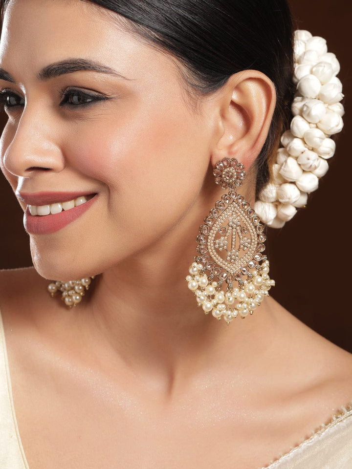 Rubans 18K Mehandi Gold-Plated Long Chandbali Earrings with Pearl Drops & Kundan Accents Chandbali Earrings