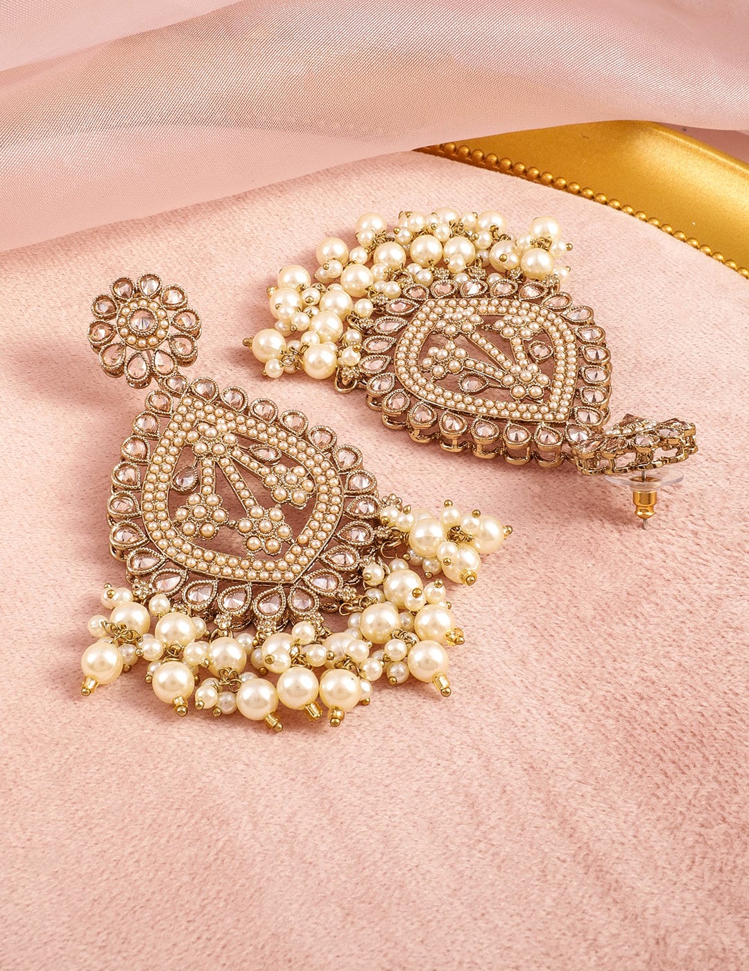 Rubans 18K Mehandi Gold-Plated Long Chandbali Earrings with Pearl Drops & Kundan Accents Chandbali Earrings