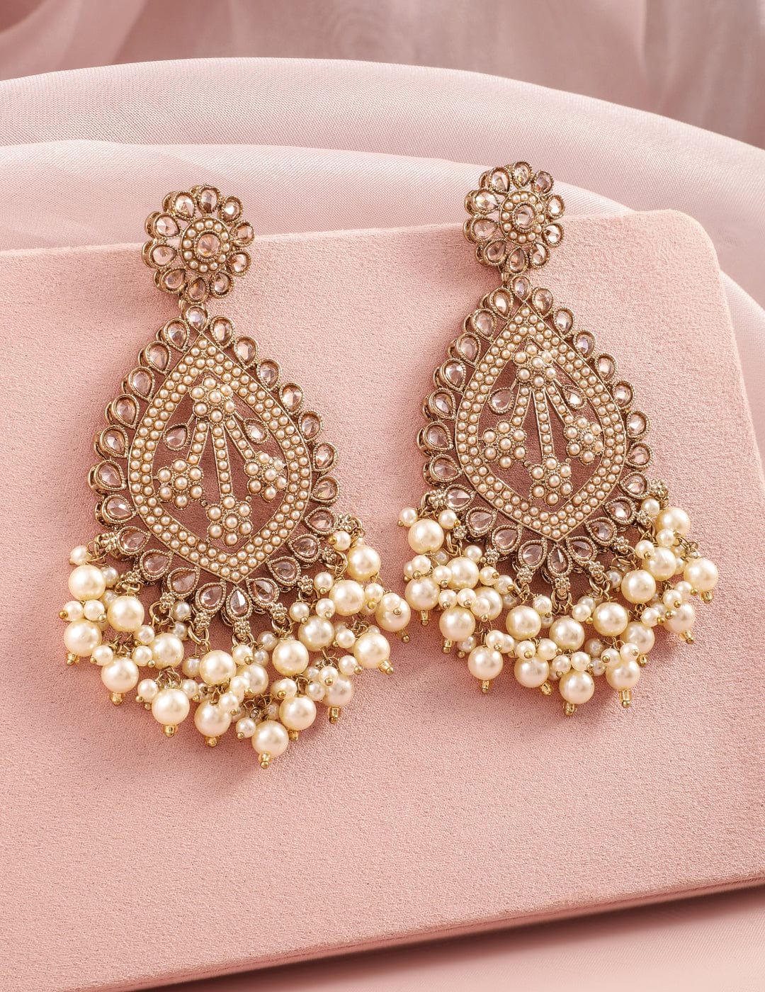 Rubans 18K Mehandi Gold-Plated Long Chandbali Earrings with Pearl Drops & Kundan Accents Chandbali Earrings