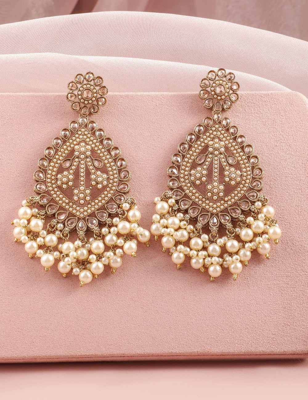 Rubans 18K Mehandi Gold-Plated Long Chandbali Earrings with Pearl Drops & Kundan Accents Chandbali Earrings