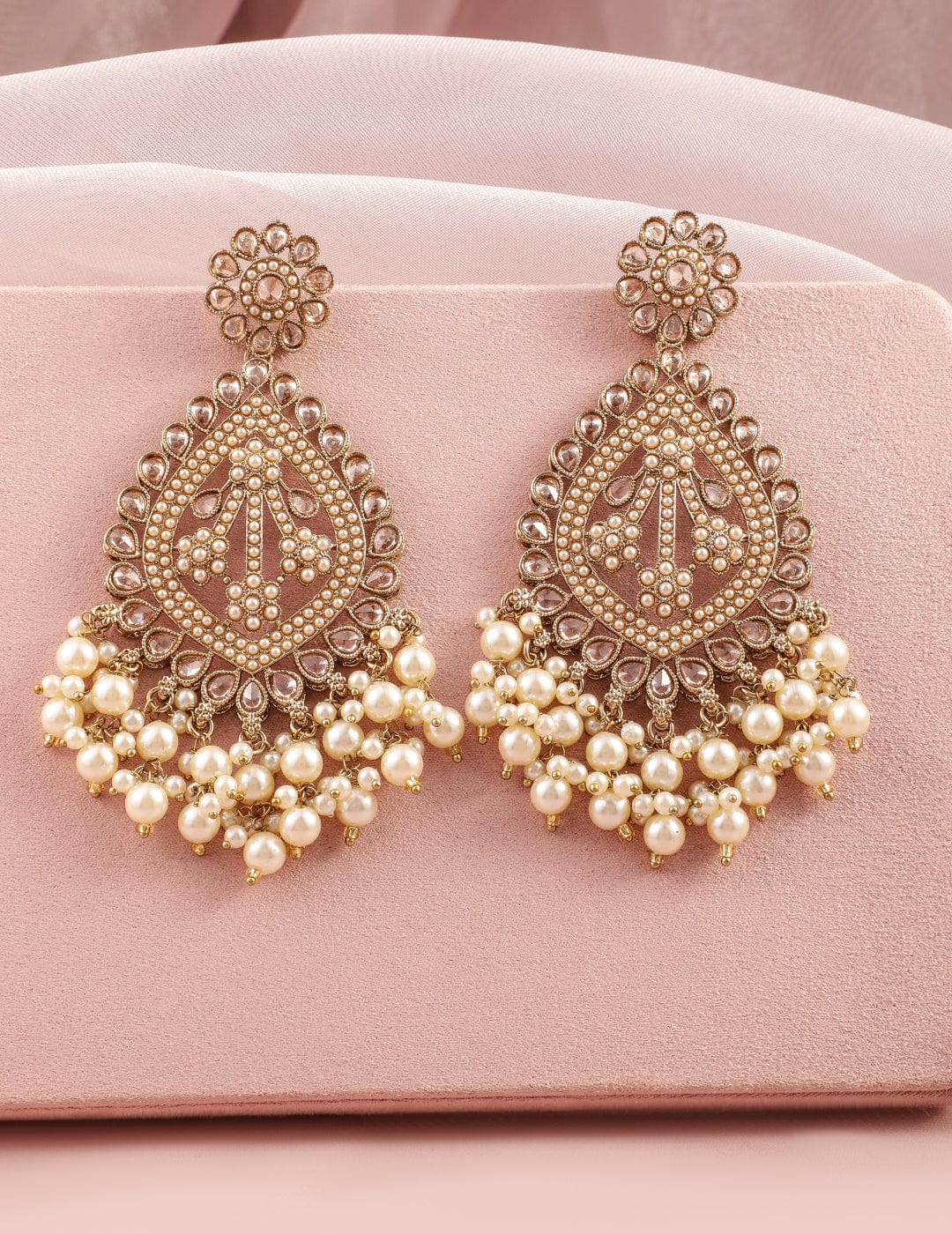 Rubans 18K Mehandi Gold-Plated Long Chandbali Earrings with Pearl Drops & Kundan Accents Chandbali Earrings