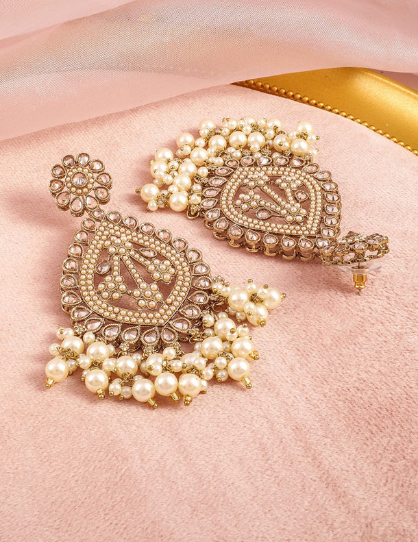 Rubans 18K Mehandi Gold-Plated Long Chandbali Earrings with Pearl Drops & Kundan Accents Earrings