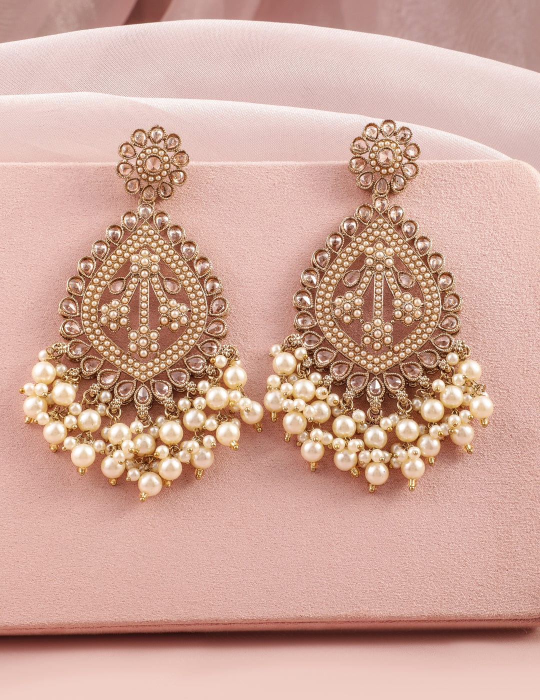 Rubans 18K Mehandi Gold-Plated Long Chandbali Earrings with Pearl Drops & Kundan Accents Earrings