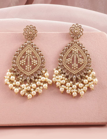 Rubans 18K Mehandi Gold-Plated Long Chandbali Earrings with Pearl Drops & Kundan Accents Earrings