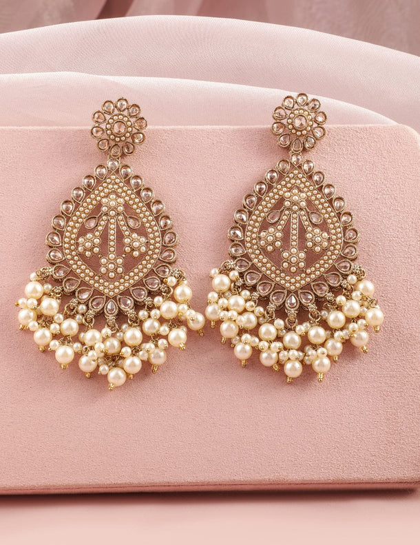 Rubans 18K Mehandi Gold-Plated Long Chandbali Earrings with Pearl Drops & Kundan Accents Earrings