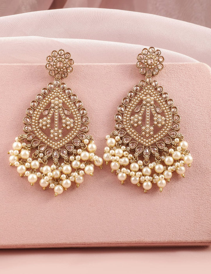 Rubans 18K Mehandi Gold-Plated Long Chandbali Earrings with Pearl Drops & Kundan Accents Earrings