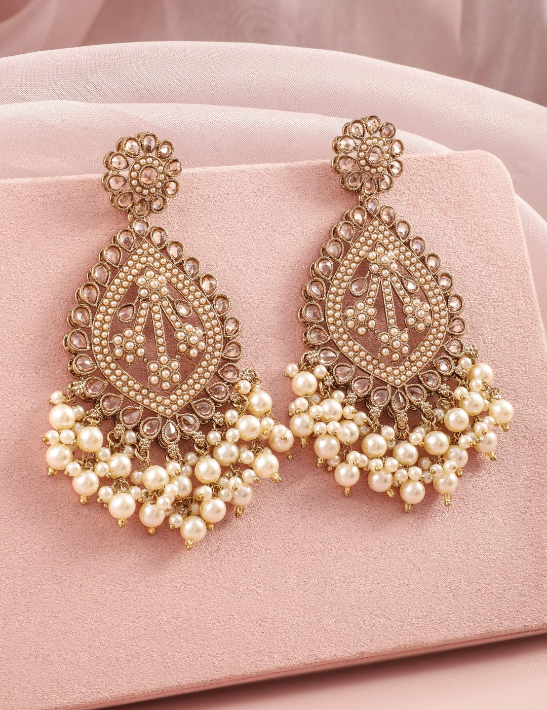 Rubans 18K Mehandi Gold-Plated Long Chandbali Earrings with Pearl Drops & Kundan Accents Earrings