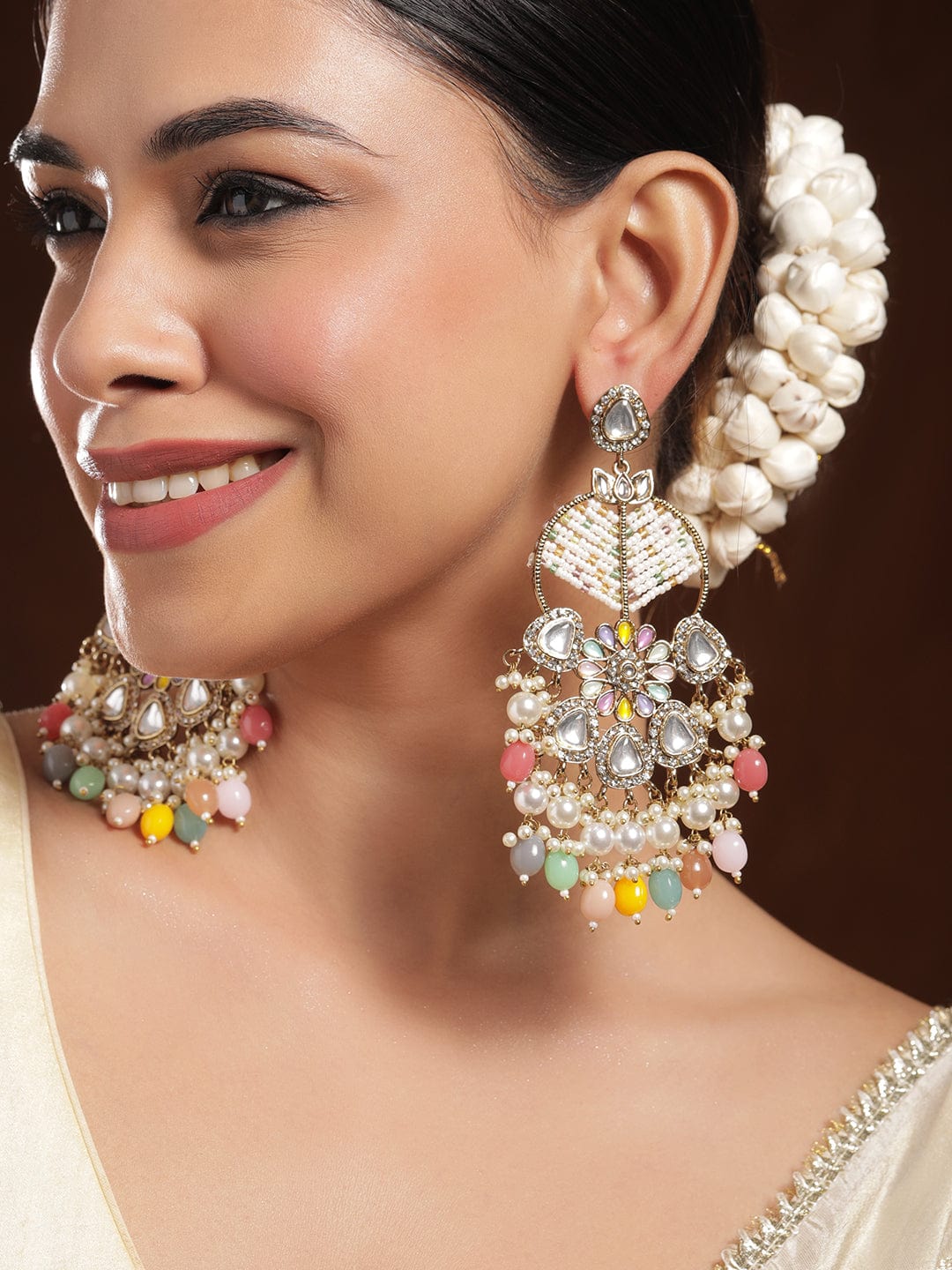 Rubans 18K Mehandi Gold-Plated Multicolor Beaded & Kundan Long Chandelier with Pearl Accent Chandelier Earrings