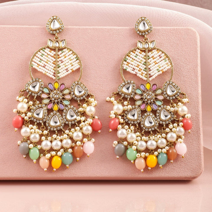 Rubans 18K Mehandi Gold-Plated Multicolor Beaded & Kundan Long Chandelier with Pearl Accent Chandelier Earrings