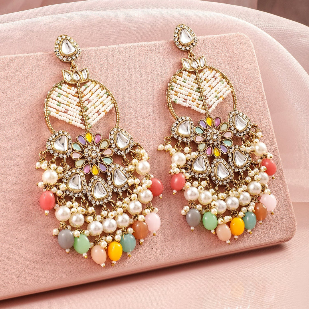 Rubans 18K Mehandi Gold-Plated Multicolor Beaded & Kundan Long Chandelier with Pearl Accent Chandelier Earrings