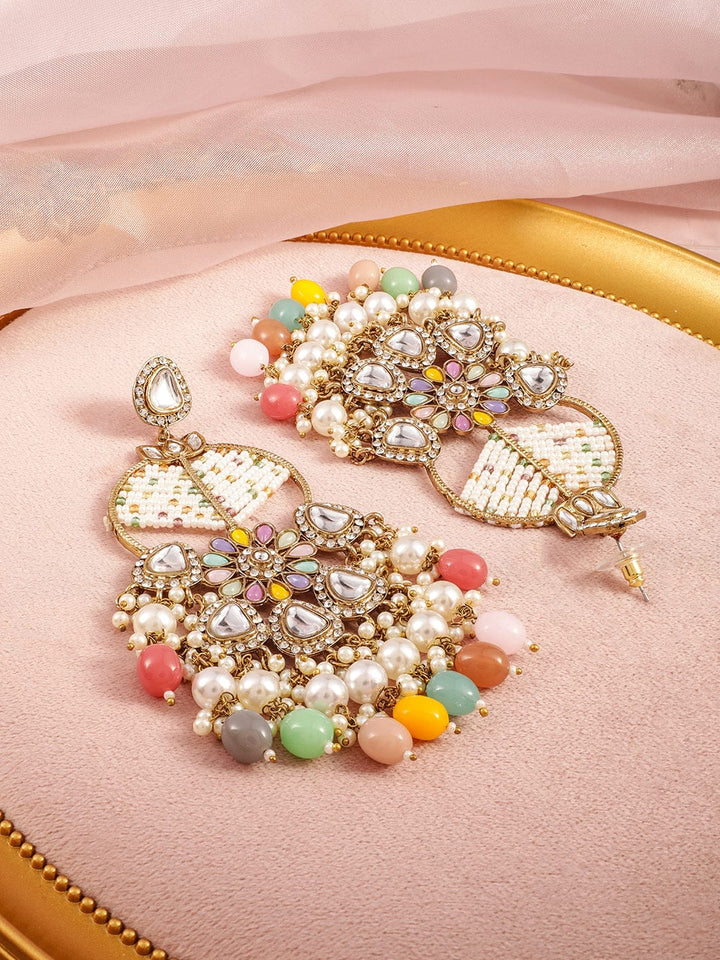 Rubans 18K Mehandi Gold-Plated Multicolor Beaded & Kundan Long Chandelier with Pearl Accent Earrings