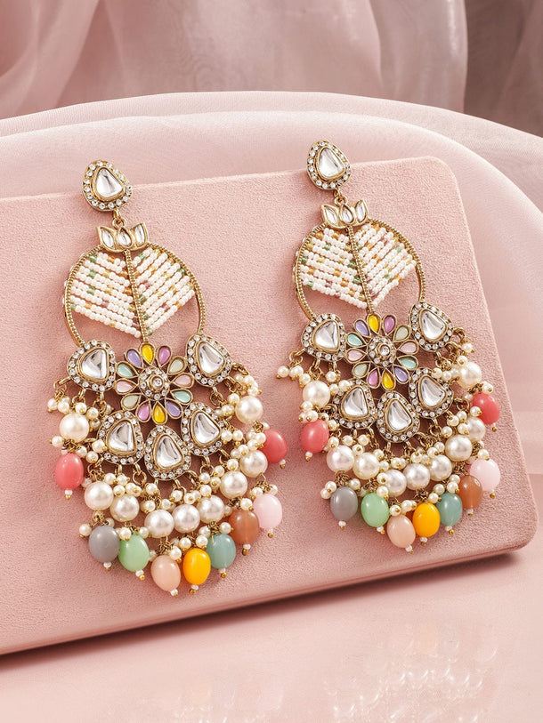 Rubans 18K Mehandi Gold-Plated Multicolor Beaded & Kundan Long Chandelier with Pearl Accent Earrings