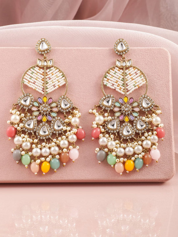 Rubans 18K Mehandi Gold-Plated Multicolor Beaded & Kundan Long Chandelier with Pearl Accent Earrings