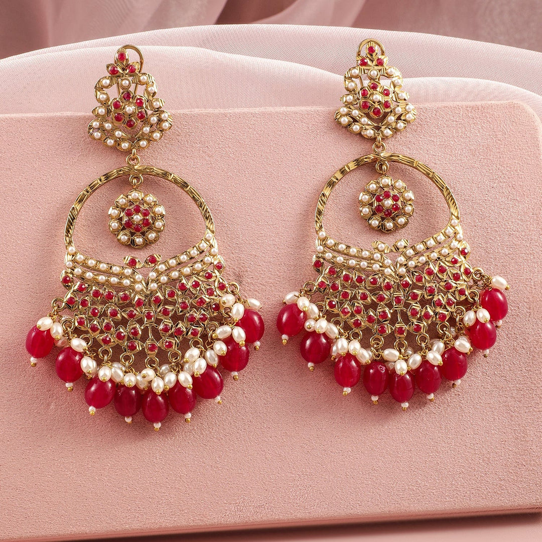 Rubans 18K Mehandi Gold-Plated Red Beaded & Pearl Accented Traditional Long Chandbali Earrings Chandbali Earrings