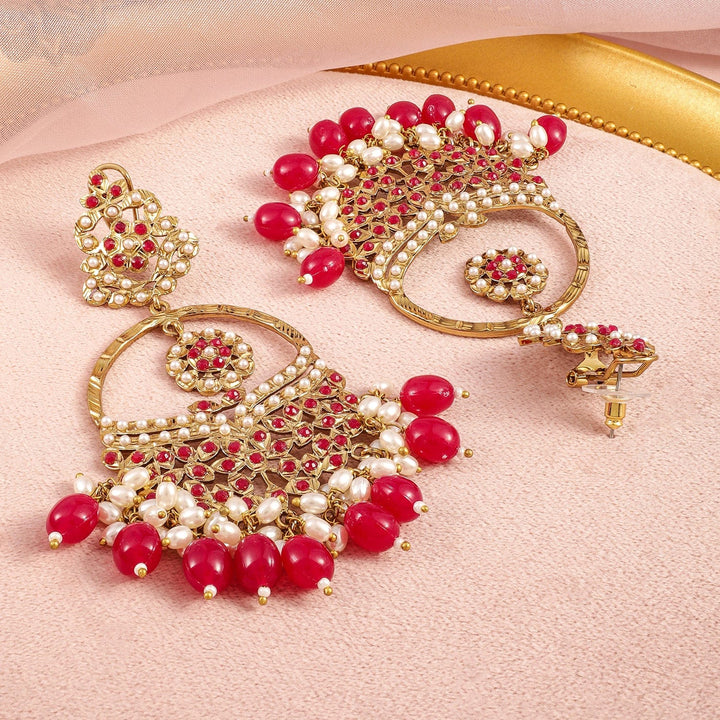 Rubans 18K Mehandi Gold-Plated Red Beaded & Pearl Accented Traditional Long Chandbali Earrings Chandbali Earrings