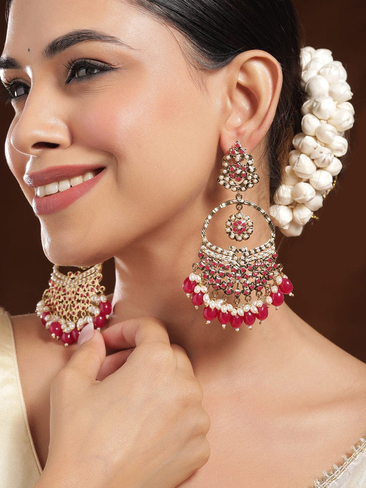 Rubans 18K Mehandi Gold-Plated Red Beaded & Pearl Accented Traditional Long Chandbali Earrings Chandbali Earrings