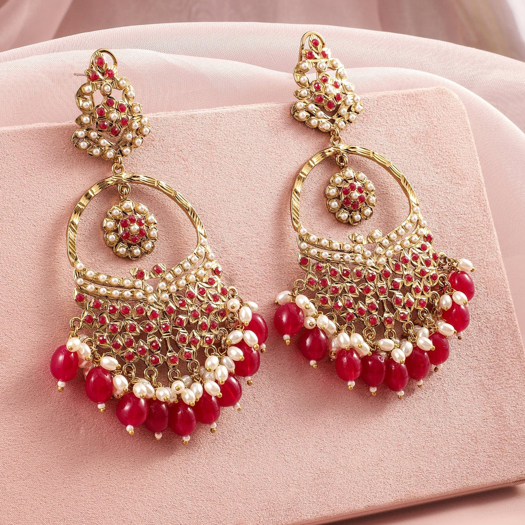 Rubans 18K Mehandi Gold-Plated Red Beaded & Pearl Accented Traditional Long Chandbali Earrings Chandbali Earrings