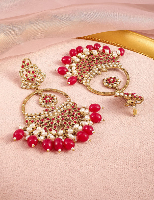Rubans 18K Mehandi Gold-Plated Red Beaded & Pearl Accented Traditional Long Chandbali Earrings Earrings