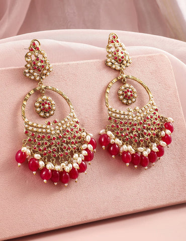 Rubans 18K Mehandi Gold-Plated Red Beaded & Pearl Accented Traditional Long Chandbali Earrings Earrings