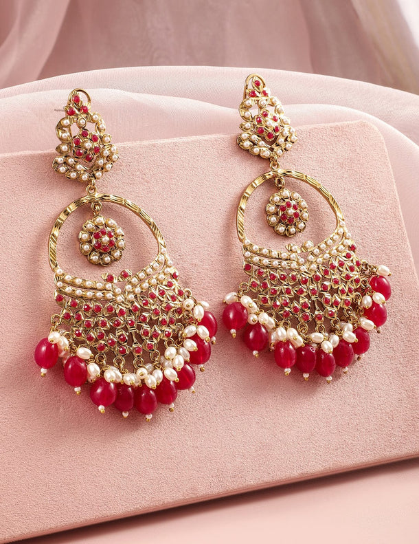 Rubans 18K Mehandi Gold-Plated Red Beaded & Pearl Accented Traditional Long Chandbali Earrings Earrings