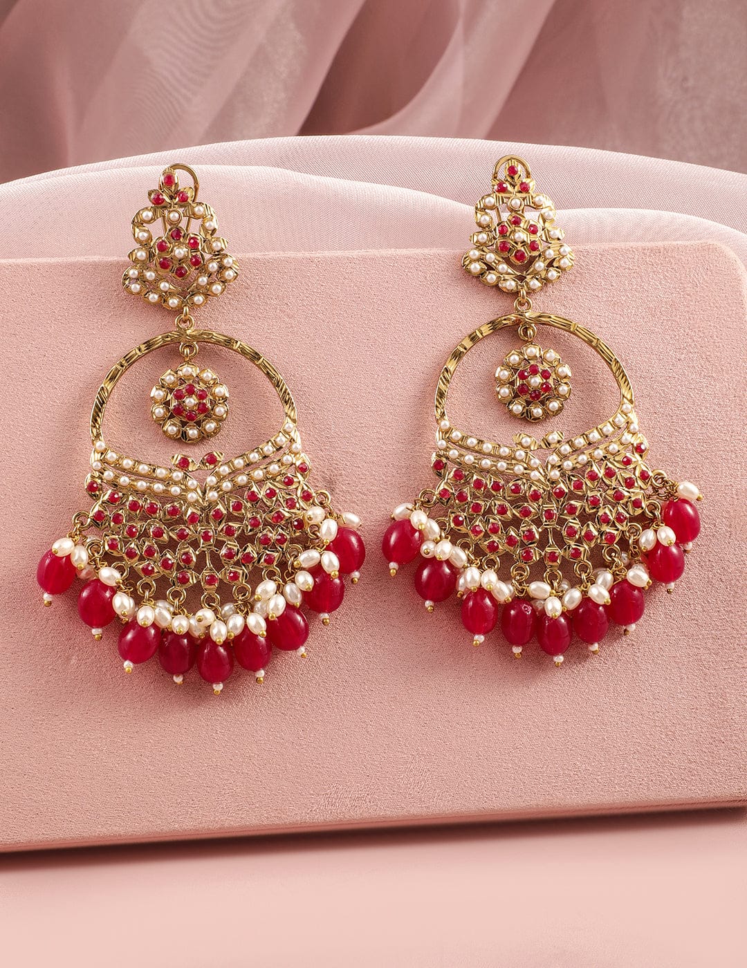 Rubans 18K Mehandi Gold-Plated Red Beaded & Pearl Accented Traditional Long Chandbali Earrings Earrings