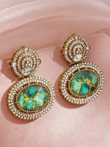 Rubans 18K Mehndi Gold-Plated Green Dyed Quartz & Cubic Zirconia Studded Drop Earrings Drop Earrings