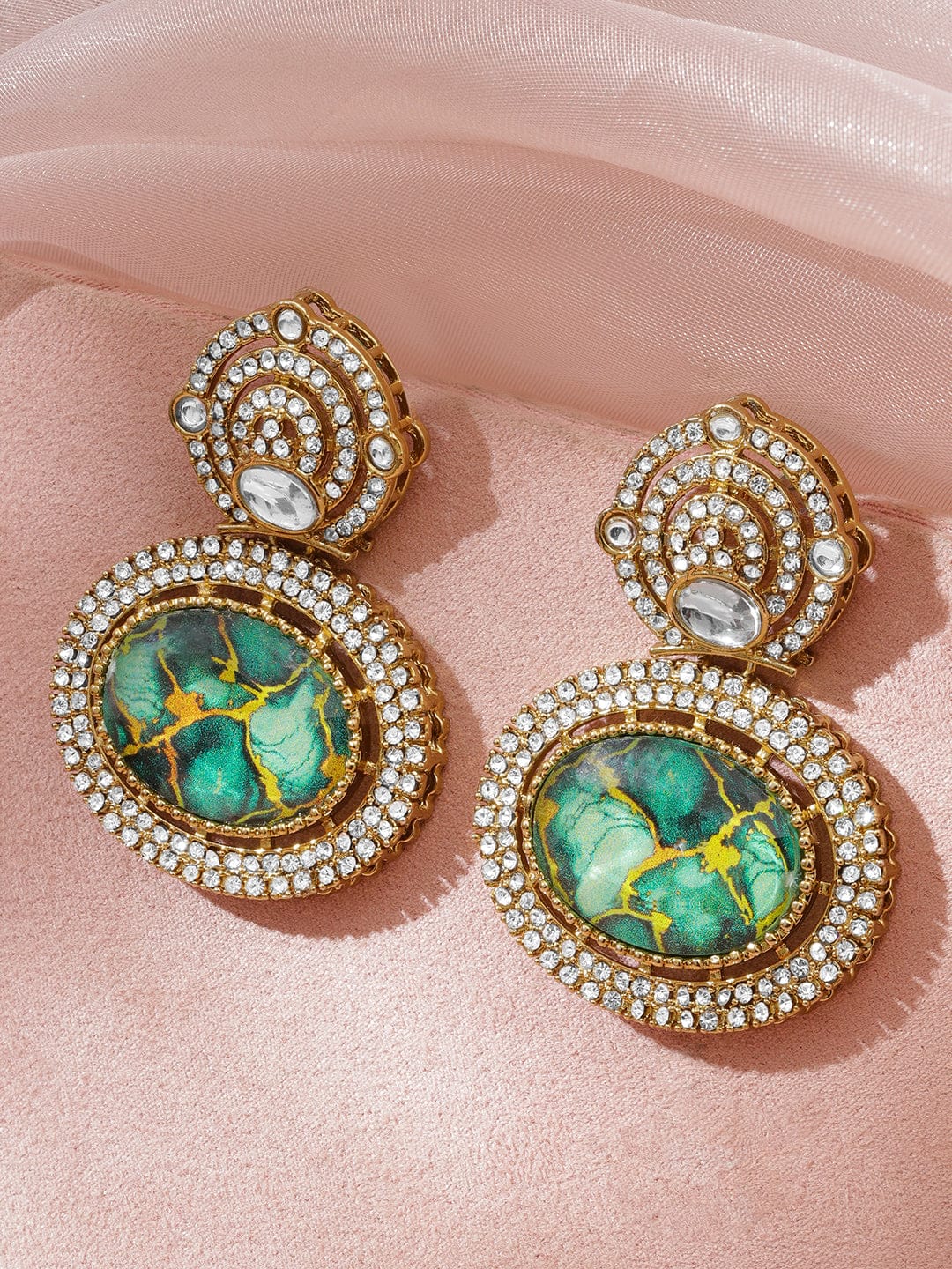 Rubans 18K Mehndi Gold-Plated Green Dyed Quartz & Cubic Zirconia Studded Drop Earrings Earrings
