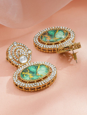 Rubans 18K Mehndi Gold-Plated Green Dyed Quartz & Cubic Zirconia Studded Drop Earrings Earrings