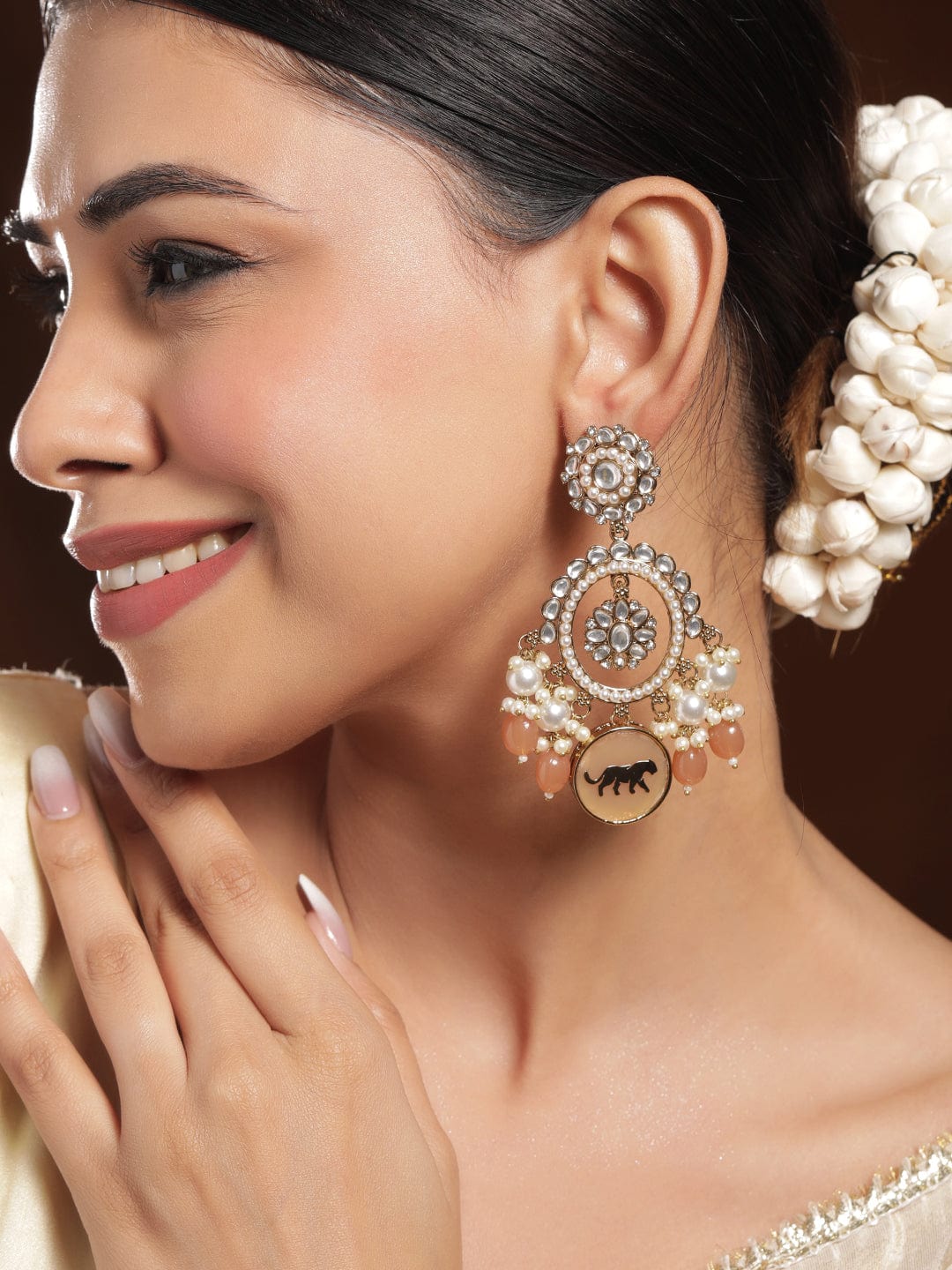 Rubans 18K Mehndi Gold-Plated Kundan, White & Peach Pearl and  Beads Chandelier Earrings Chandelier Earrings